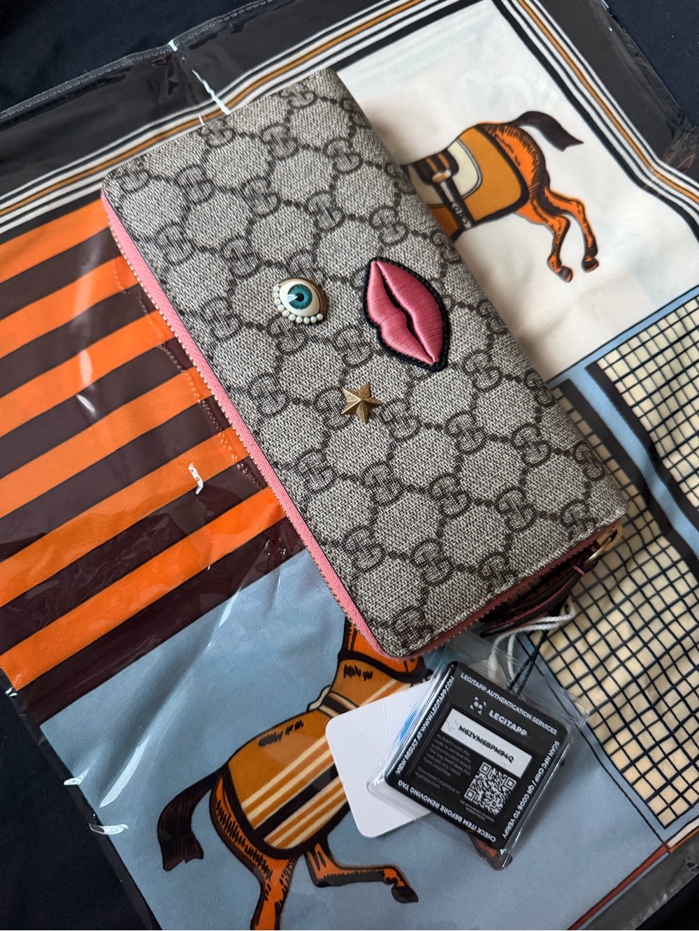 Gucci Beige GG Canvas Zip Wallet with Pink Lips and Eye Appliqué